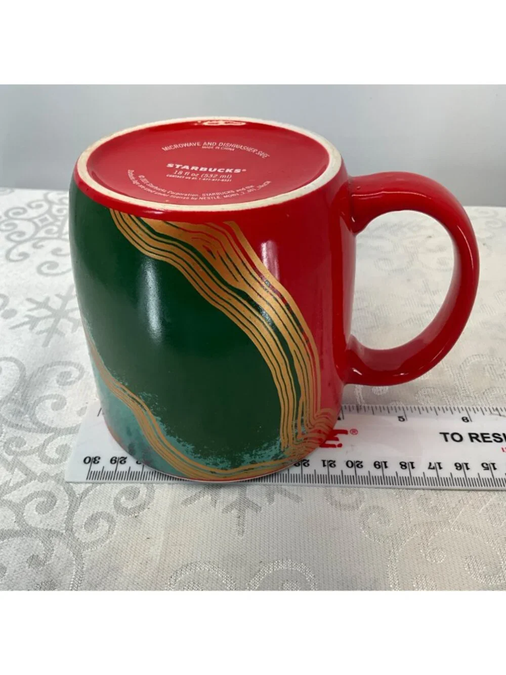 Starbucks 2021 18oz Red & Green Mug With Gold Swirl Design